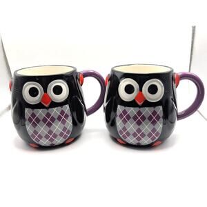 HARRY & DAVID Owl Coffee Mugs Pair Purple Argyle Plaid Ceramic Cups 2015